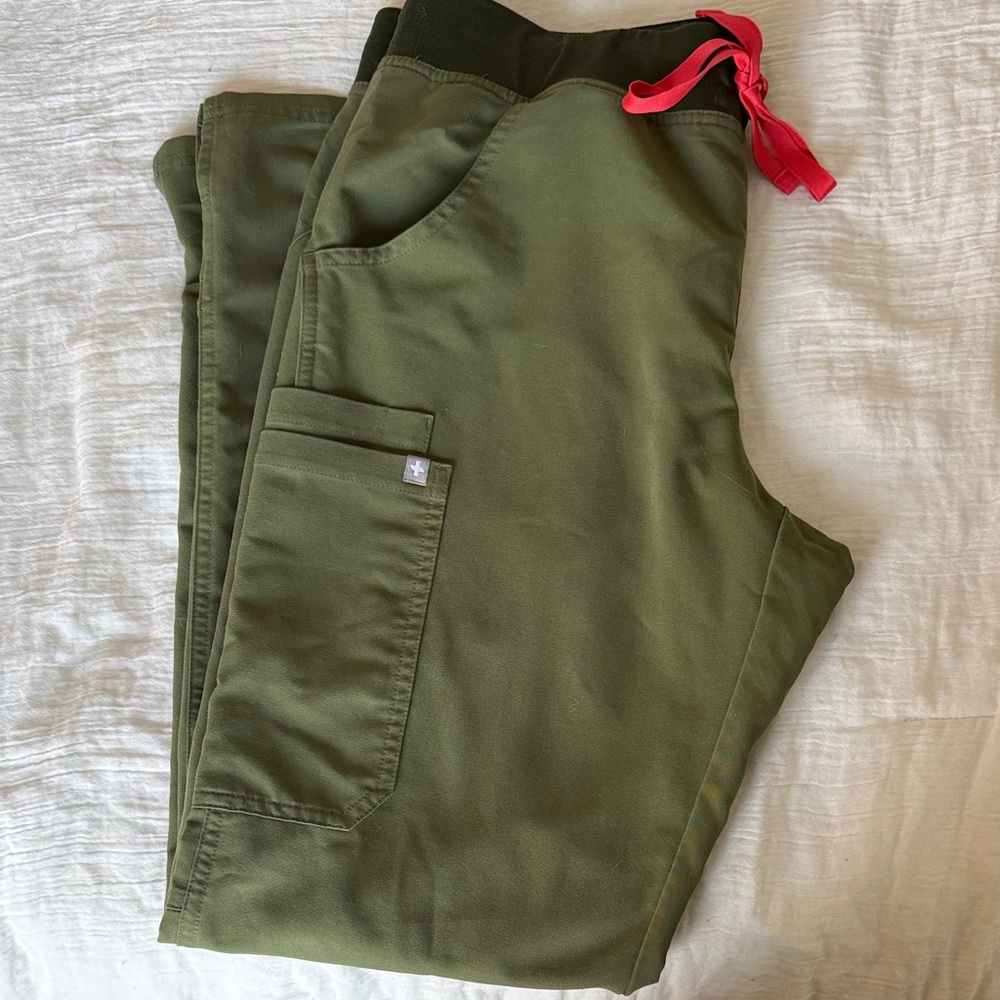 Figs Olive Green Women's Boot Cut Pants with Red Tie